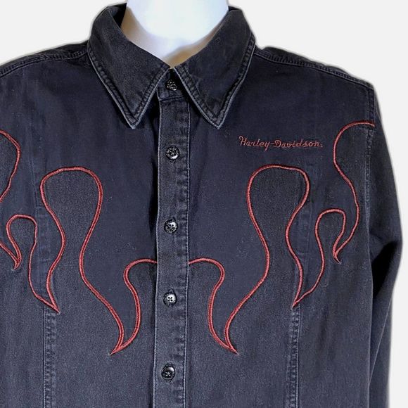 VTG Y2K Harley Davidson Motorcycle 2004-3W/3X Denim Button Jacket Black w Flame - Picture 3 of 11